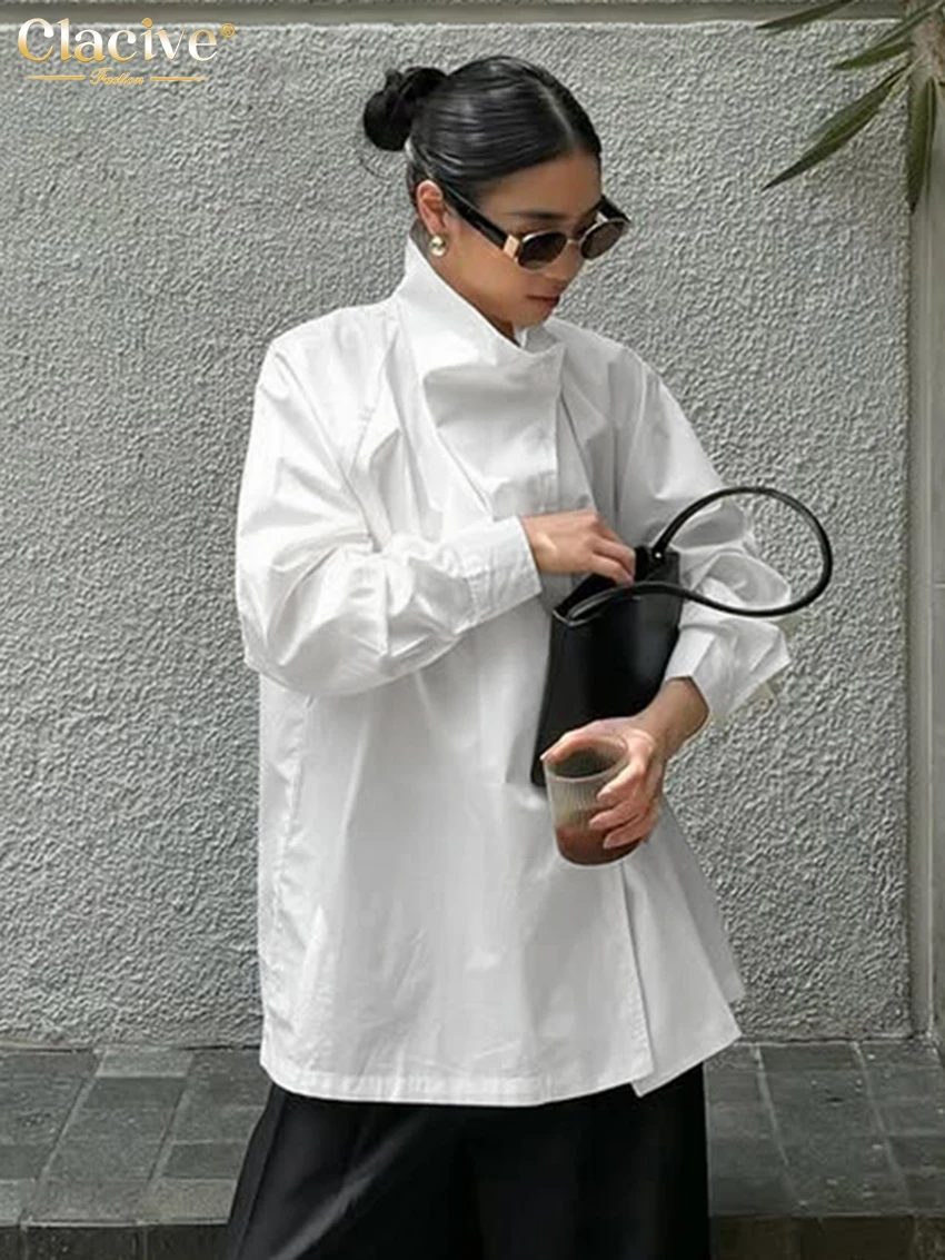 

Clacive весенняя свободная белая хлопковая женская блузка модная водолазка рубашка с длинным рукавом элегантный классический однотонный топ женская одежда