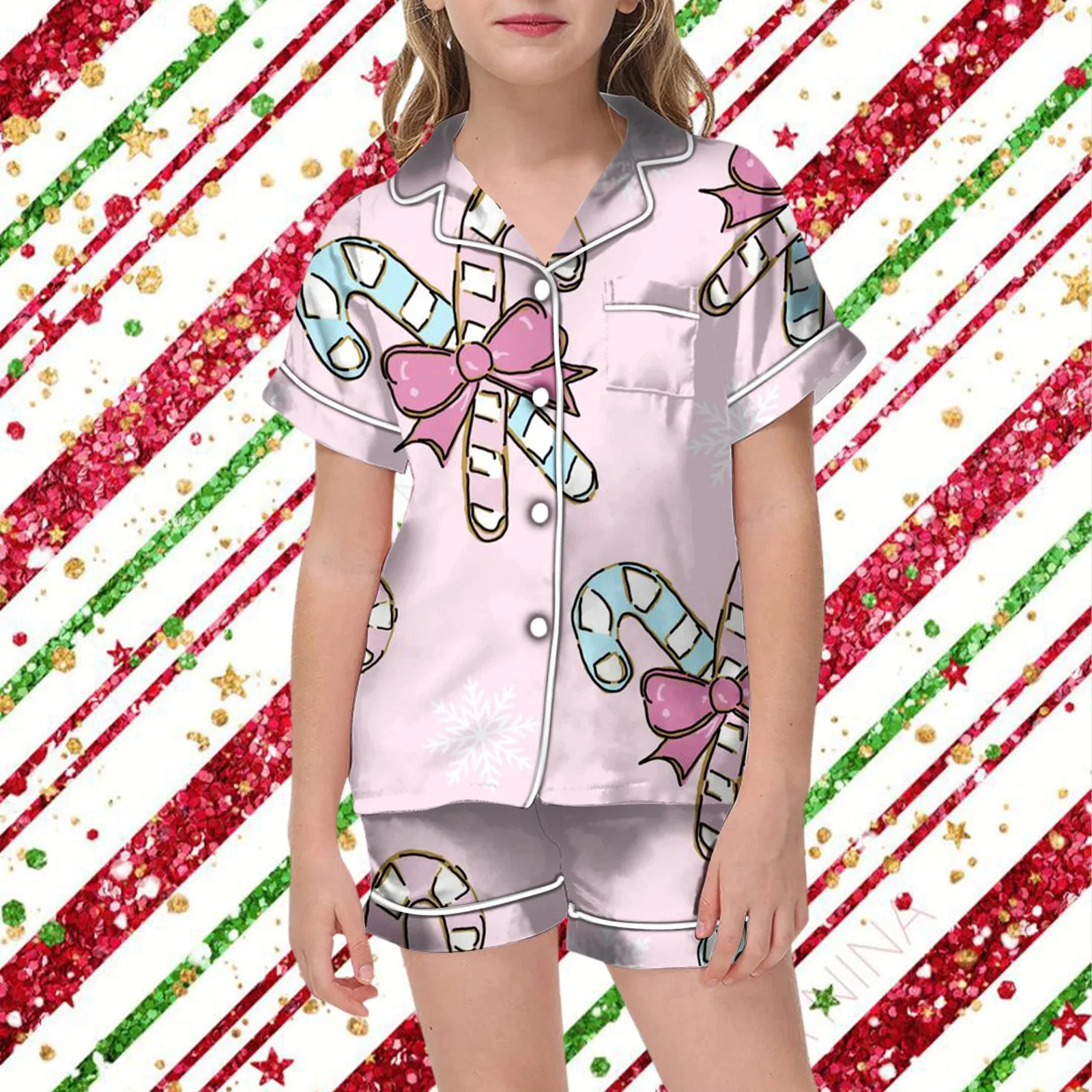 Christmas Satin Pajama 2 Pieces Set Baby Girls Christmas Bow Print Short Sleeve Button Closure Top With Shorts Sleepwear Outfits