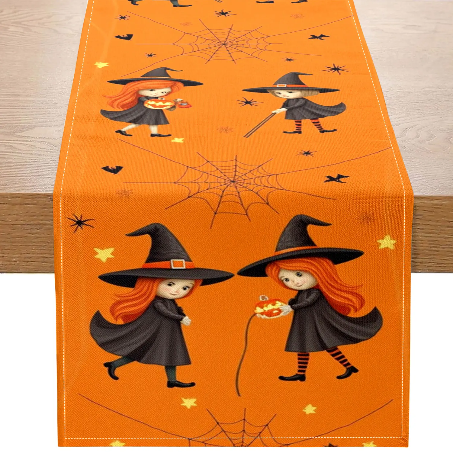 

1 Halloween-Themed Table Runner, Featuring Little Witches, Pumpkin Lanterns, Spider Webs, Etc., Suitable for Halloween Parties, Holiday Decorations, Etc