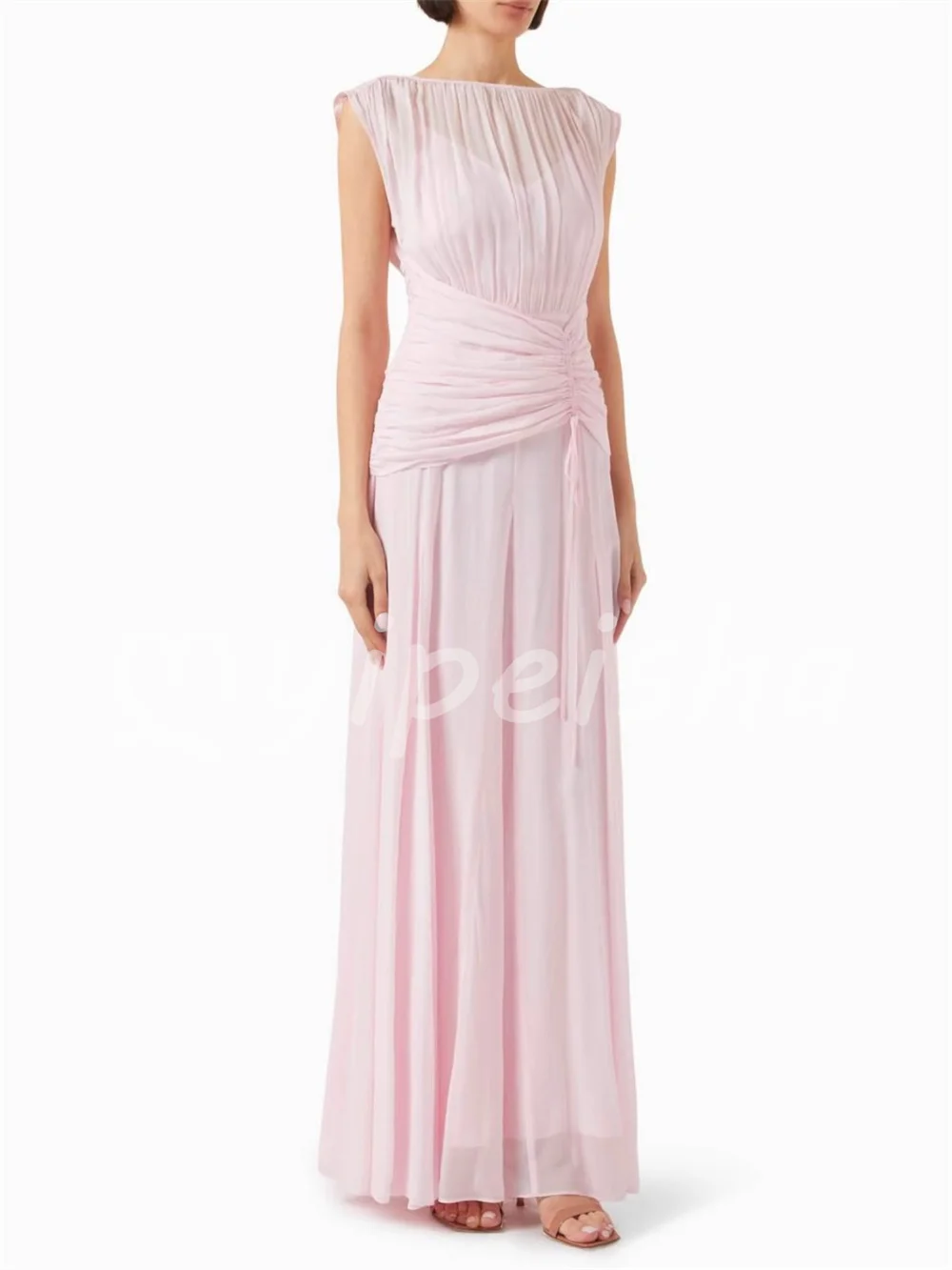 Light Pink Gentle Simple Chiffon Pleat Draped A-line Boat Neck for Woman Floor-Length Evening Dresses Sizes Available Customized
