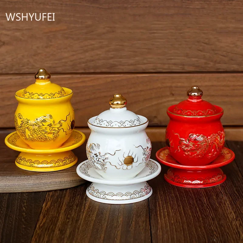 Ceramics Double Dragon Pattern Water Supply Cup Ornaments Home Feng Shui Enshrine Decorations Traditional Buddha Tools Supplies