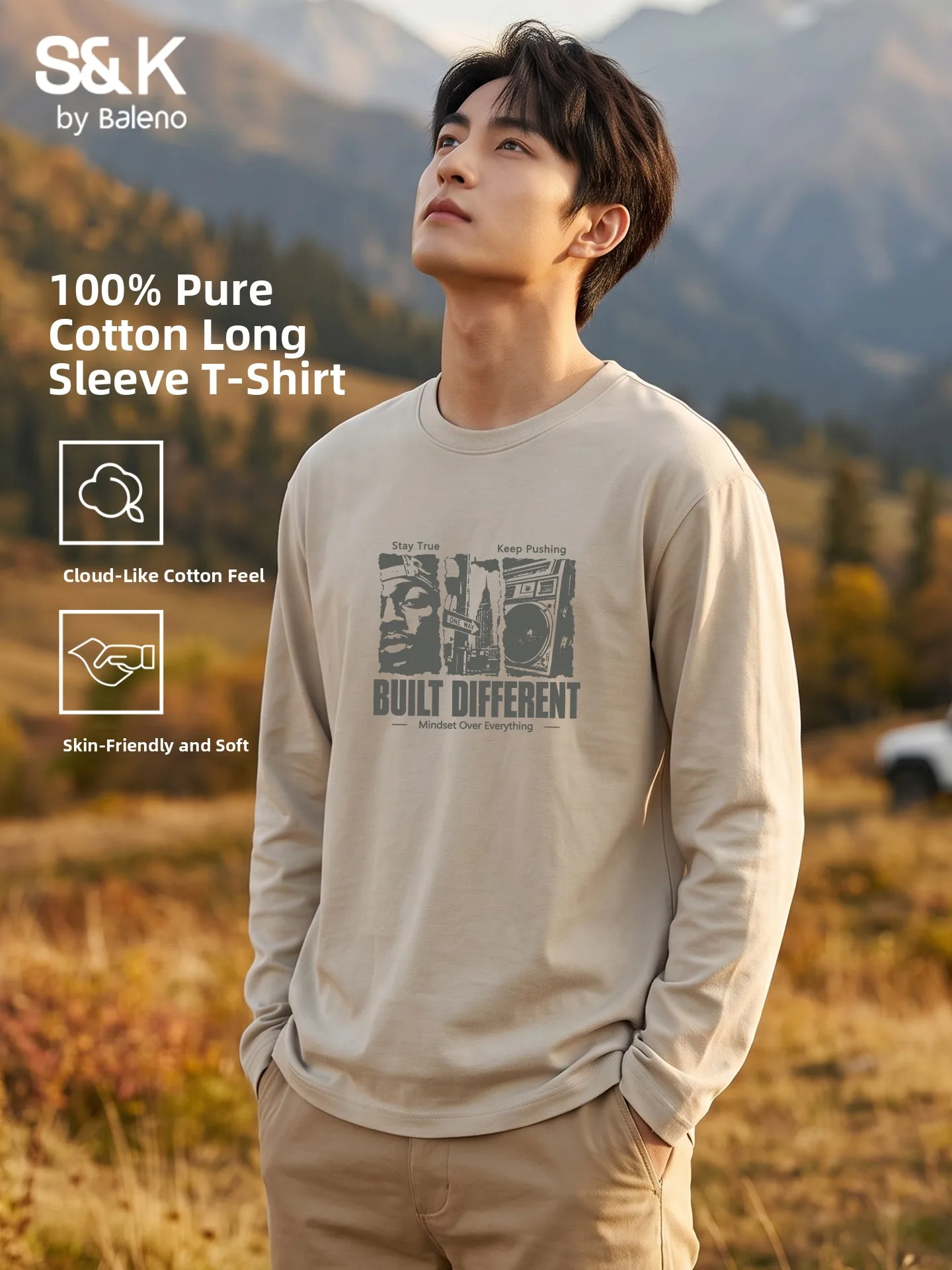 Men's Loose Fit Long Sleeve Cotton T-Shirt Casual Inner Wear Vintage American Style Breathable Comfortable round Neck Top