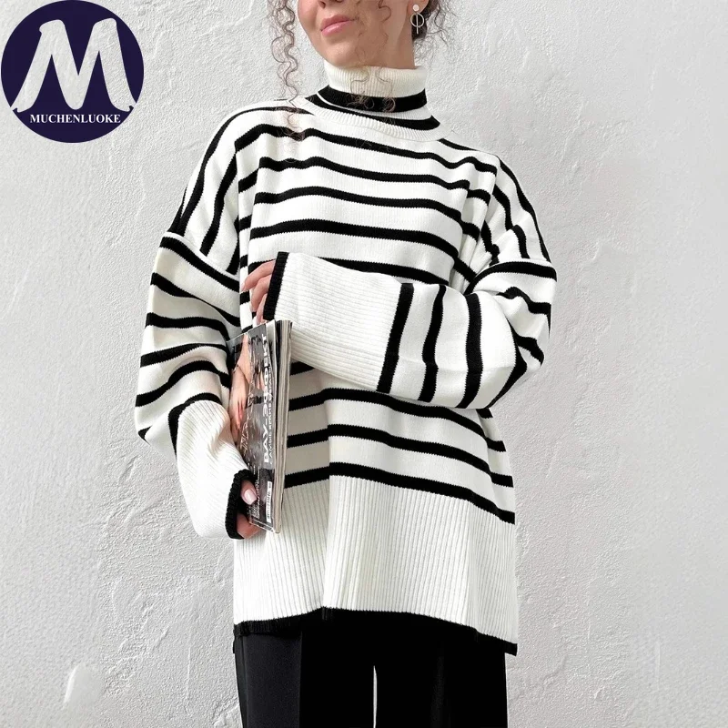 

Свитер для женщин, осенне-зимний полосатый вязаный универсальный свитер с высоким воротом, модные повседневные свободные утолщенные теплые пуловеры