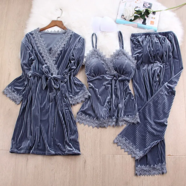 Autumn Winter Women 3PCS Pajamas Set Velvet Lace Trim Sleepwear Kimono Bathrobe Gown Sexy Pijamas Suit Loose Homewear Loungewear