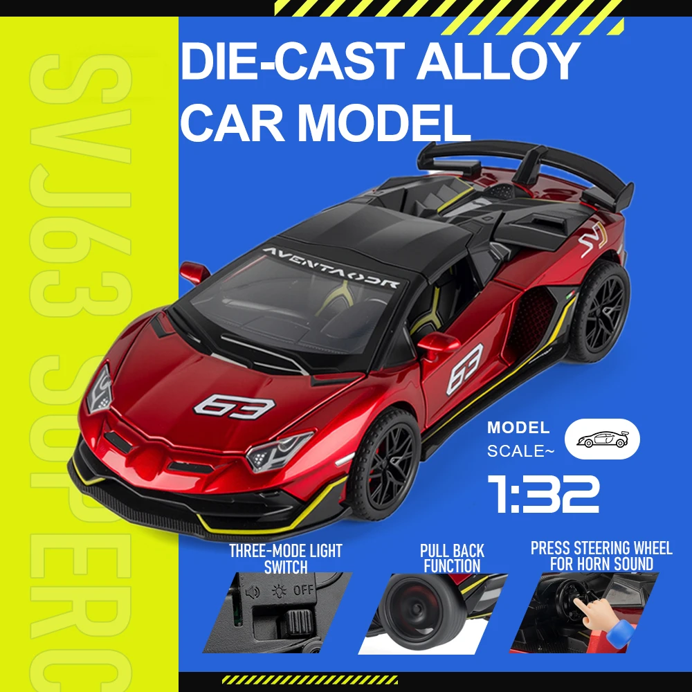 

1:32 SVJ63 Revuelto MANSORY Sports Car Model Toys Metal Diecast Doors Opened Sound Light Pull Back Supercar Toy for Kids Gifts