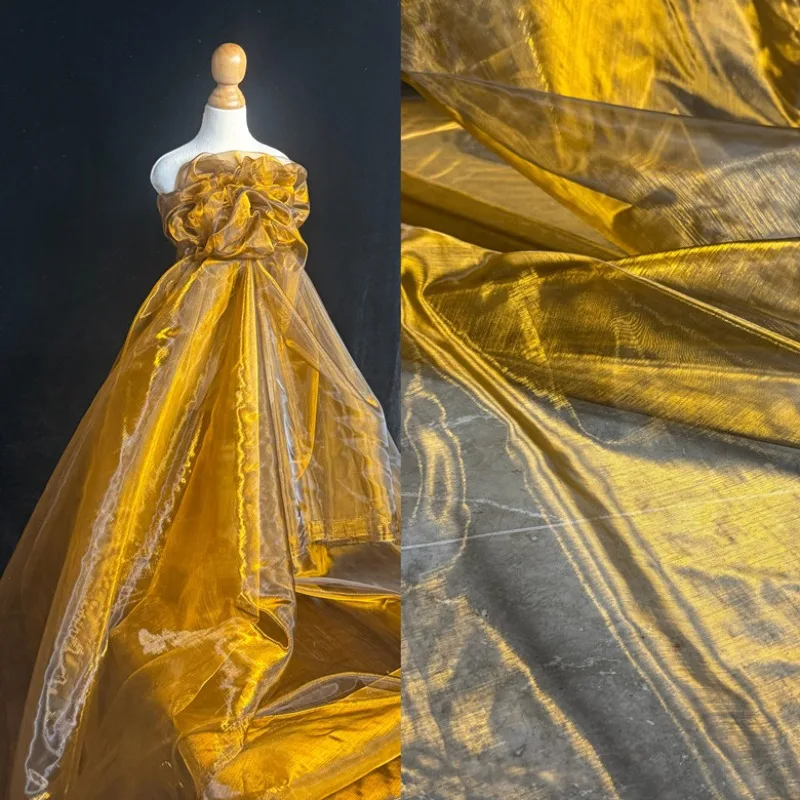 

3-метровая золотая мерцающая сетка с градиентом, двухцветное Hazy светоотражающее свадебное платье, ткань для дизайна одежды «сделай сам»