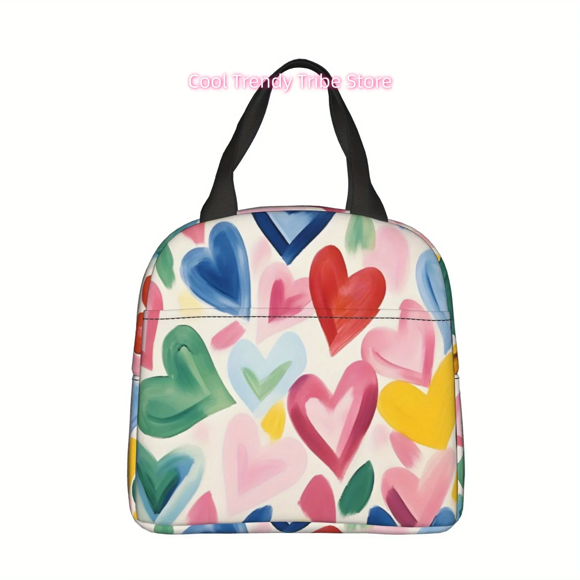 1pc [ 2D flat printing] Multicolored heart pattern Portable Reusable Cooler Bag, Lunch bag Boxed meal package top - handle bag l
