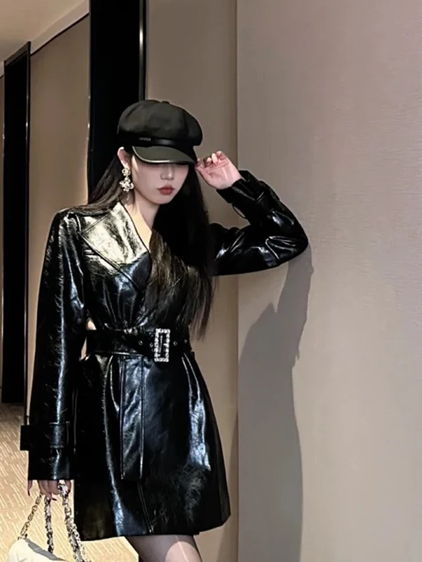 Casaco de couro de luxo eficaz para emagrecimento com cinto e diamante bule comprimento médio com entrescamento na cintura corta-vento