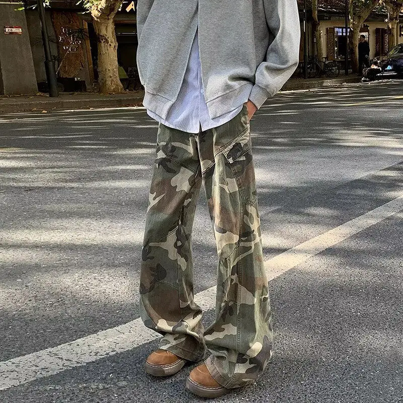American Retro Camouflage Pants Men's Spring Autumn Loose Wide Leg Workwear Trousers Casual Straight Cut Denim Jeans
