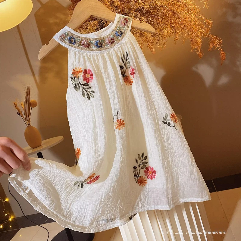 

Girls Skirt New Chinese Dress Summer 2024 New Childrens Guofeng Sundress Girls Summer Embroidered Slip Simple Casual Dress