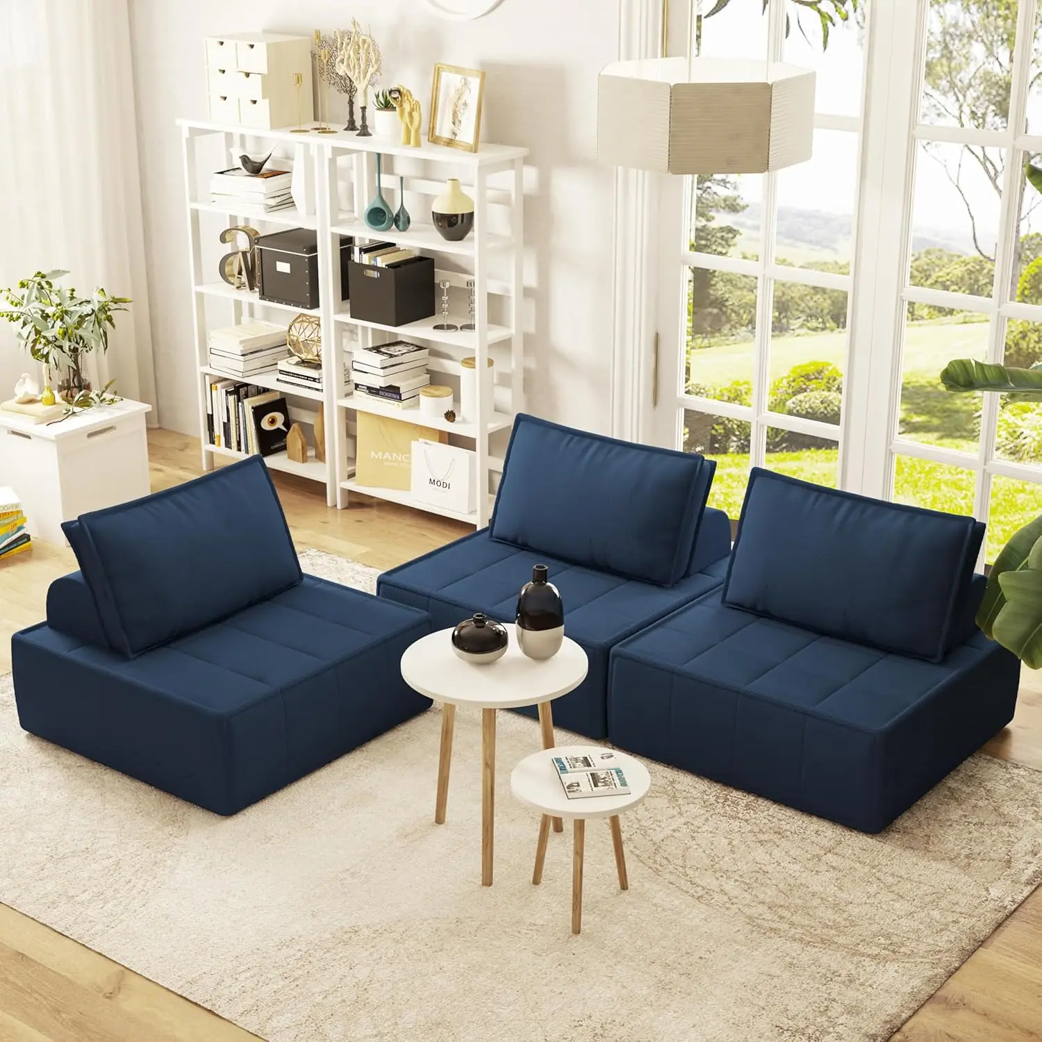 Modular Sectional Sofa Sleeper, Adjustable Backrest, Corduroy Fabric, No Assembly, Blue for Small Spaces