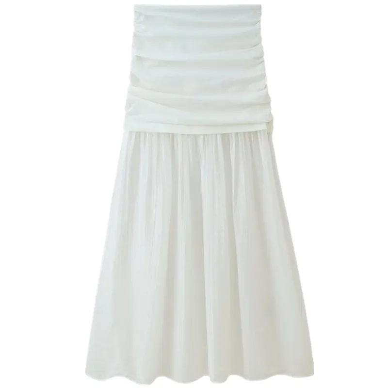 กระโปรงทรงเอ midi ผู้หญิง รุ่นใหม่ประจำฤดูร้อนปี 2025 ตกแต่งแบบพับต่อผ้า  ทรงเอวกลาง ยาวปานกลาง  กระโปรงทรงเอ  ใส่ทำงาน  ทรงหลวม