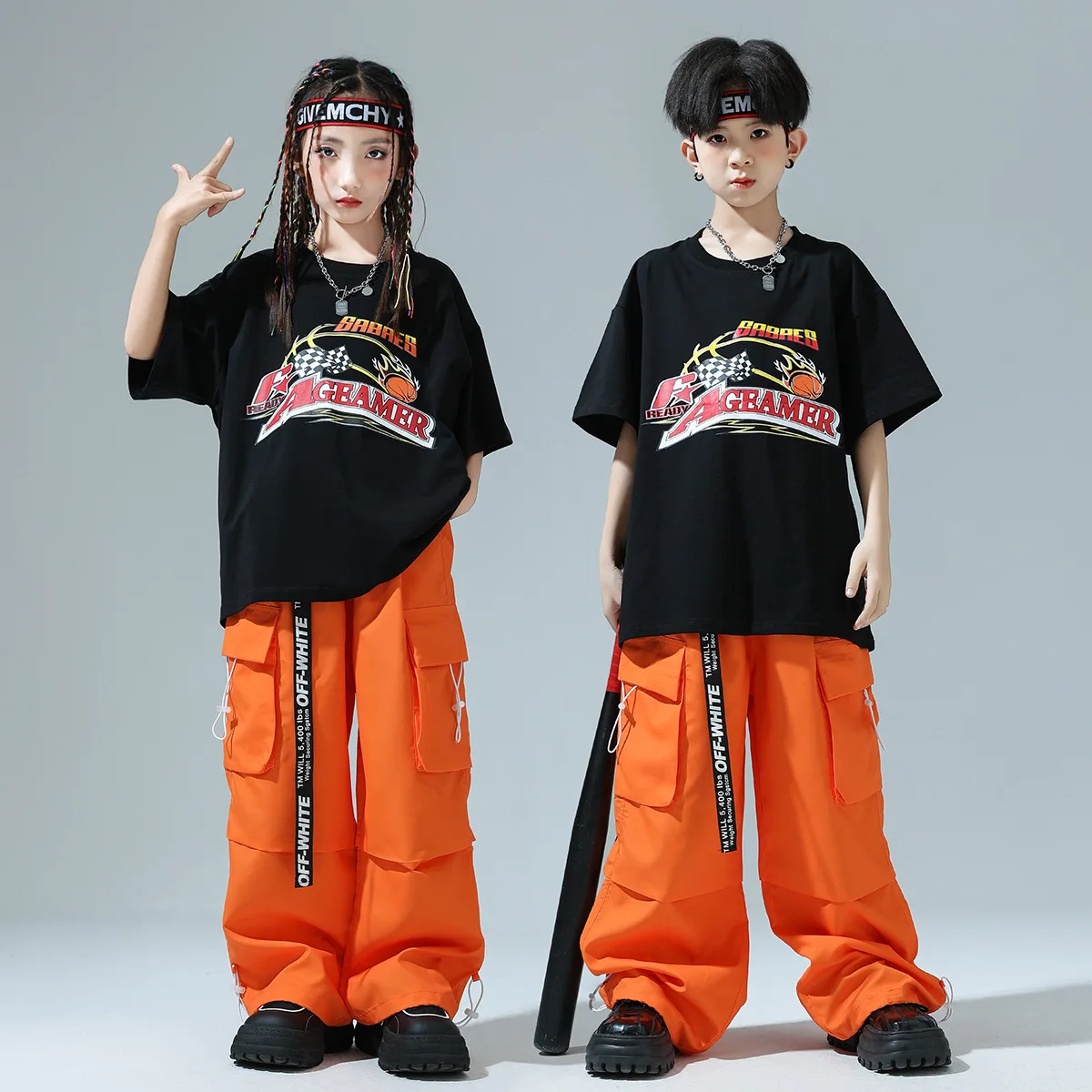 女の子ヒップホップセットバスケットボールパターン黒 Tシャツオレンジカーゴパンツストリート子供社交服男の子ジャズ衣装