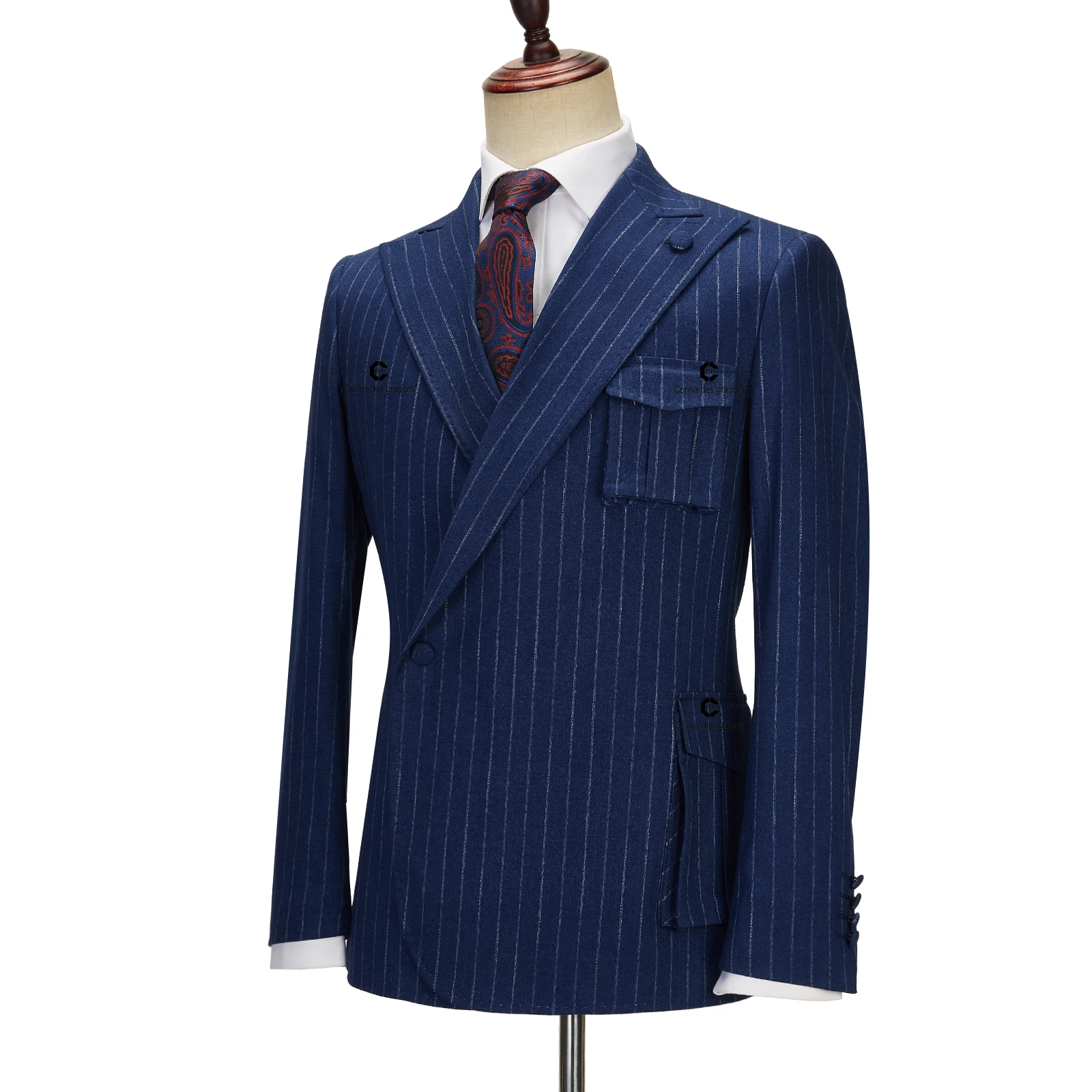 Cenne Des Graoom 2023 Blue Pinstriped Suits for Men Right Side Button Peak Lapel Jacket Pants 2 Pcs Slim Fit Groomsman Wedding