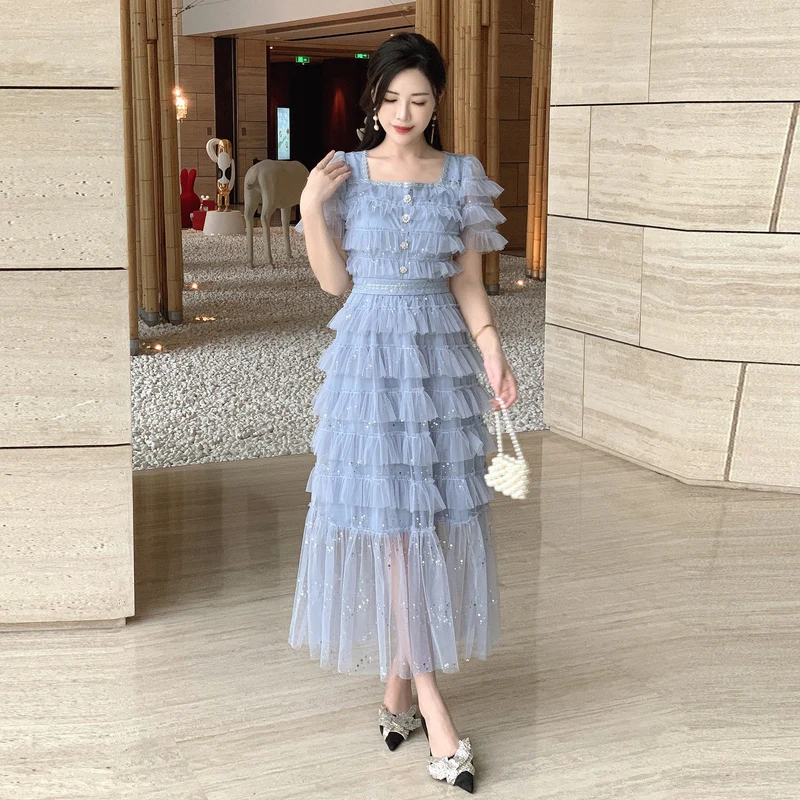 

Women's Summer Dress 2024 Solid Short Sleeve Butterfly Sleeve Gauze Zipper Square Collar Mesh High Waist Sequins Blue Dresses