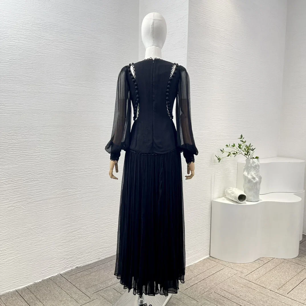 2024 New Summer Spring Elegant Black Cut Out Ruched Pleats Full Lantern Sleeve Women Midi Dress