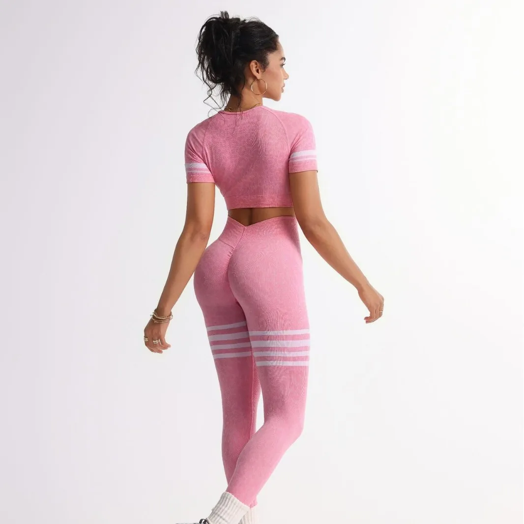 

Seamless Striped Peach Yoga Pants Hip Lift Yoga Suit Tight High Waist Sports Fitness Pants Set