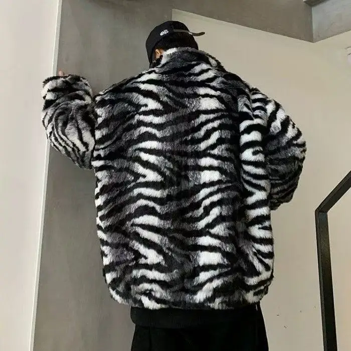 Trendy Cool Zebra Stripe Pattern Tops Men's Artificial Fur Thicken Coat Stylish Street Y2K Fashion Overcoat Loose Fit Male Coat