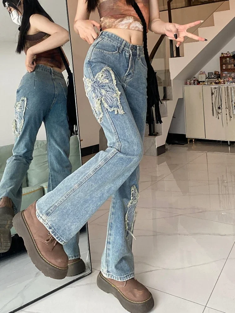 Flare Jeans Women Animal Embroidery Frayed Washed Vintage Hotsweet All-match Spring Summer Denim High Waist Japanese Style Retro