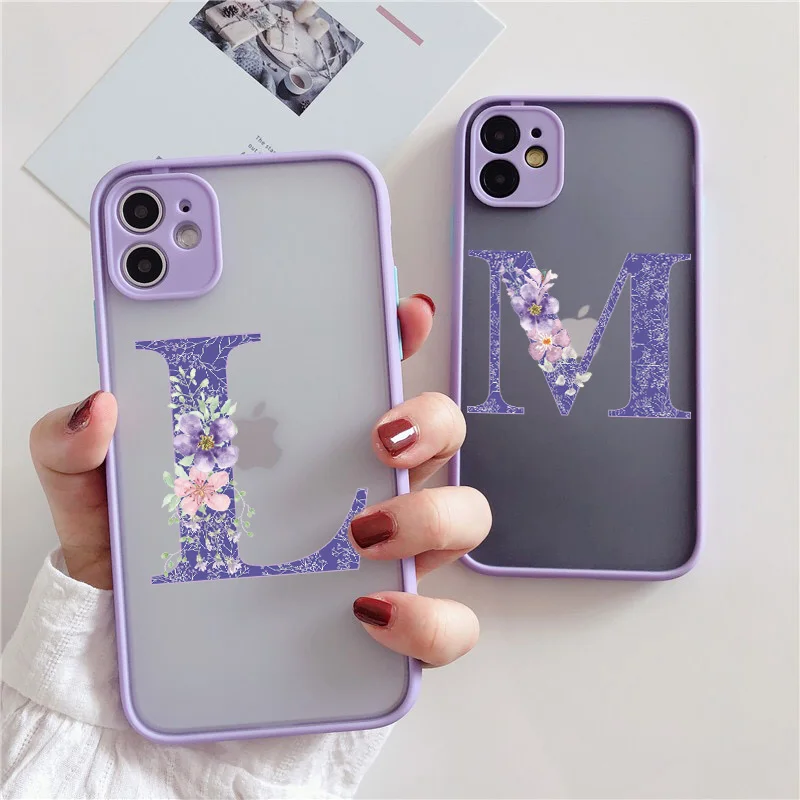 Initial Letter Phone Case For iPhone 14 13 12 mini 11 15 Pro X XR XS 7 8 Plus Retro Purple Flower Hard Shockproof Back Cover