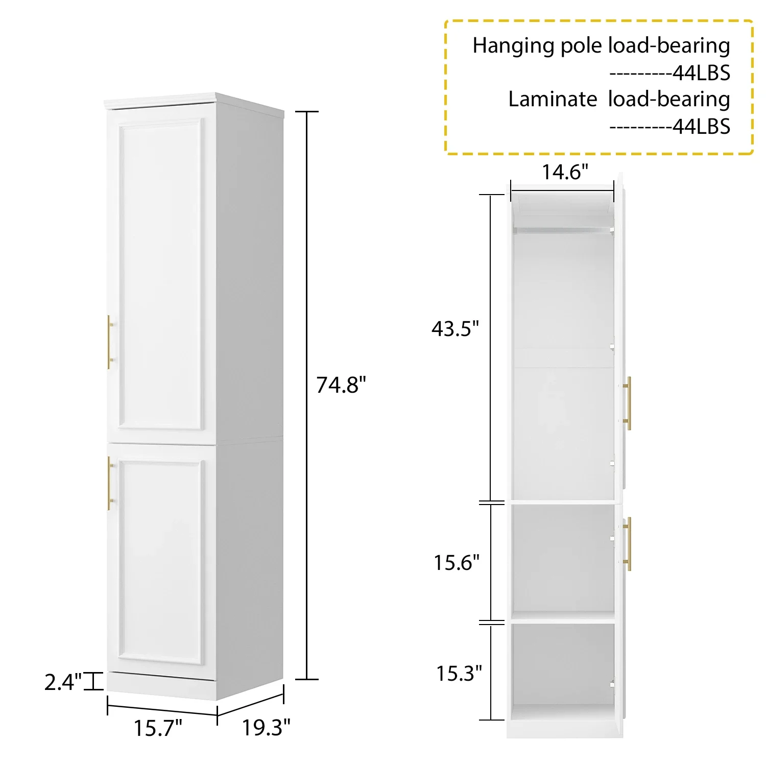 Modern 2-Door Wardrobe Closet, High And Narrow Armoire Wooden Closet With Hanging Rod And 3 Storage Shelves, White