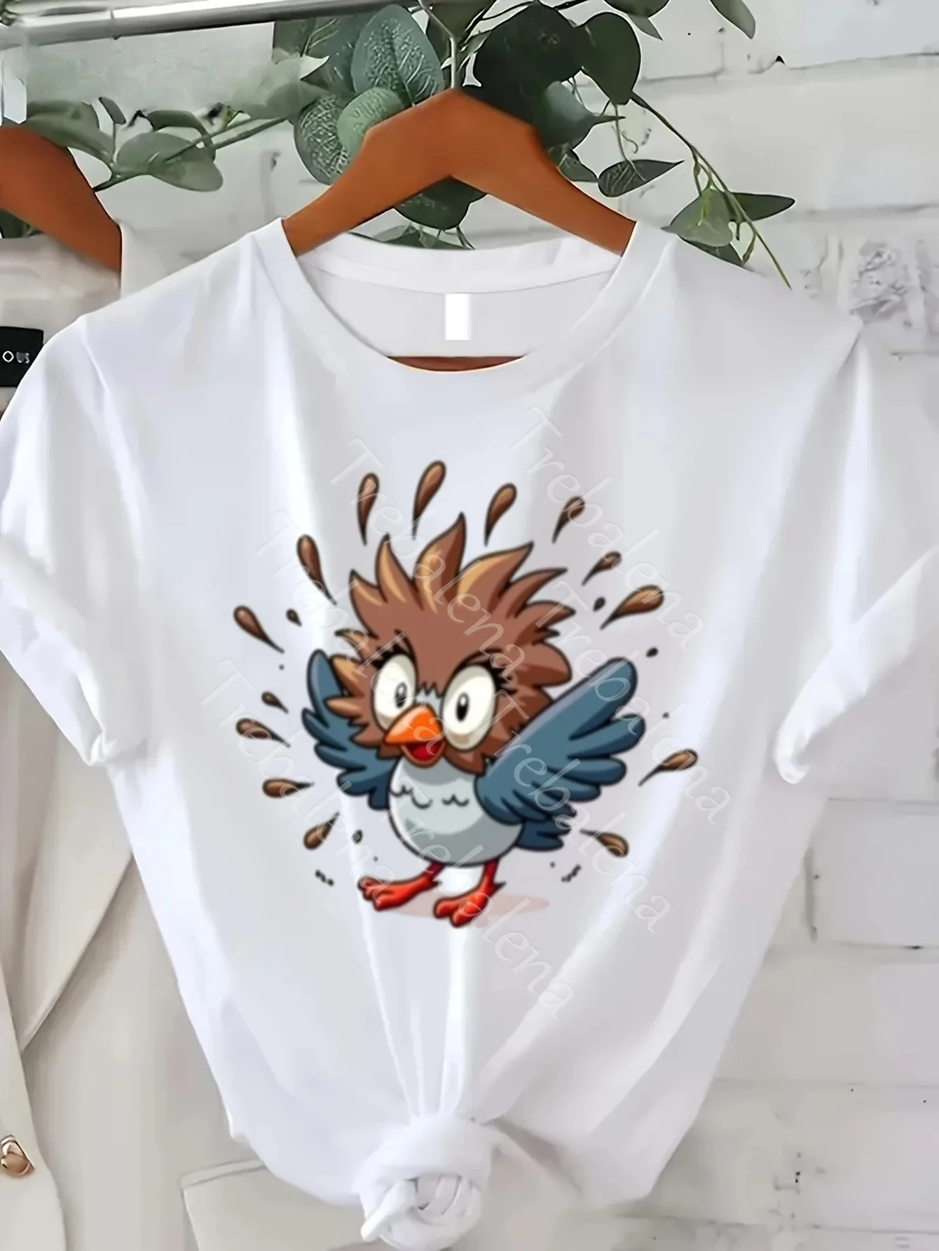 Grappig vogel grafisch T-shirt voor dames Leuke pluizige vogel Expressieve ogen Zacht Casual Comfortabel T-shirt Lichtgewicht warm weer