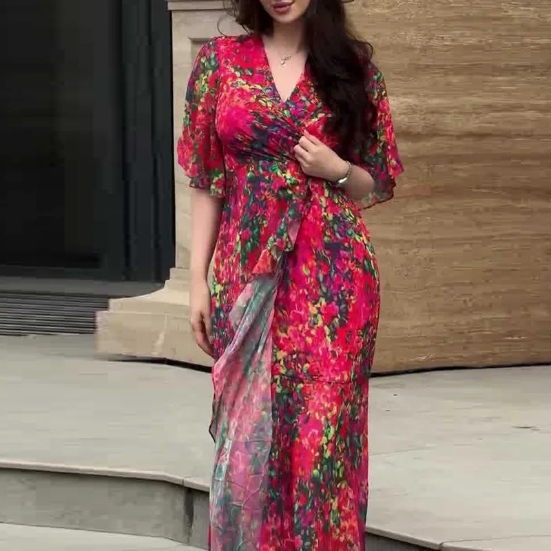 Sukienka maxi z falbankami, wysoki stan, retro kwiatowy wzór, elegancka wiosenna sukienka damska na imprezę, dopasowana, letnia sukienka boho z krótkim rękawem.