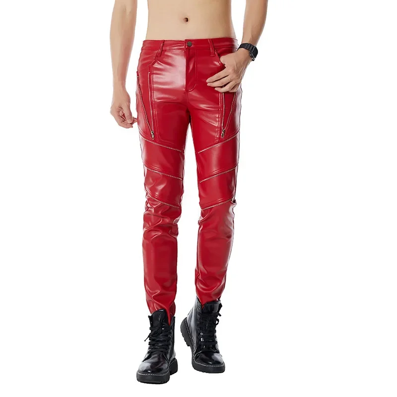 2024 Men\'s Red Personal Leisure Zipper Pu Stitching Leather Pants