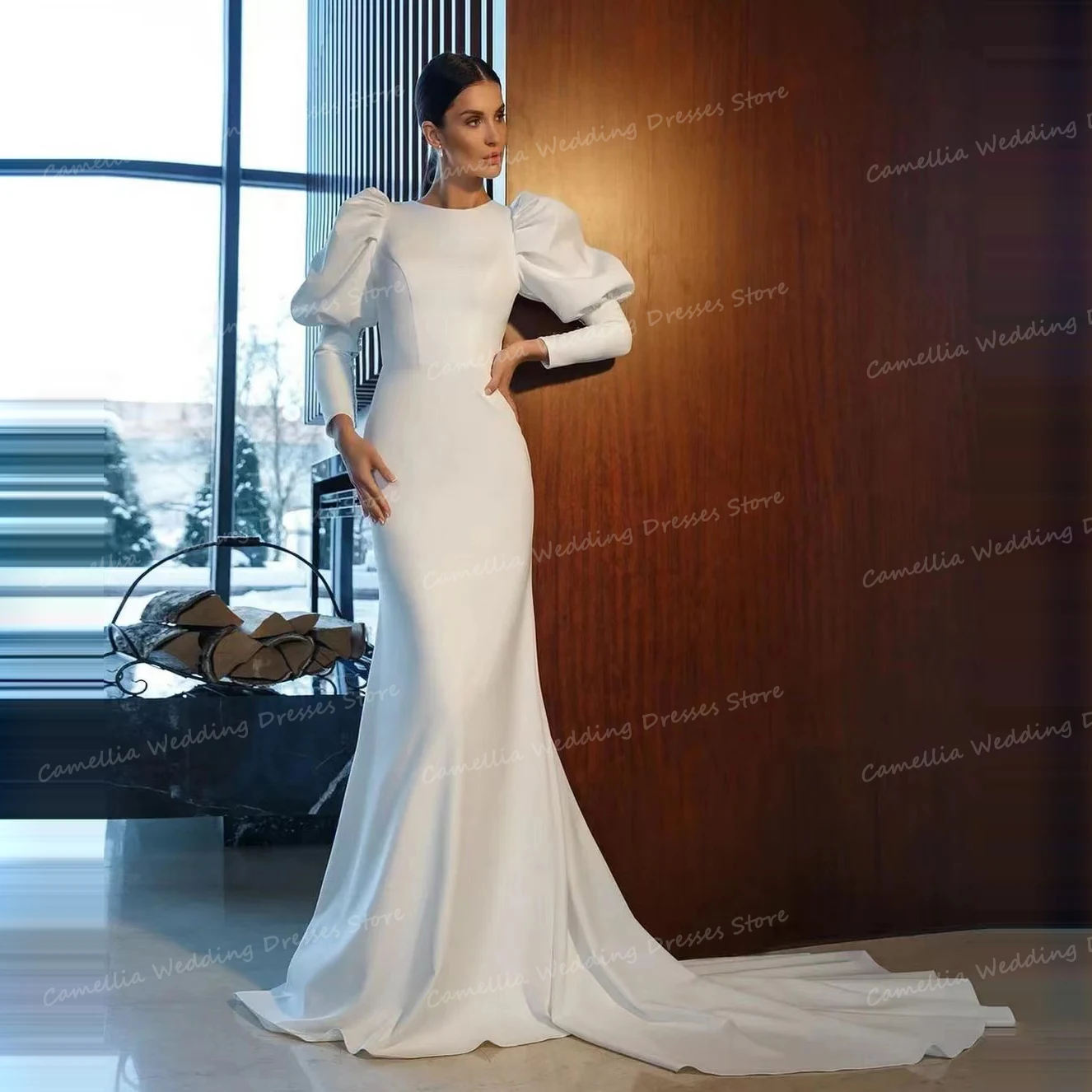 Luxury Mermaid 2024 Wedding Dresses Sexy Long Sleeve Lantern Sleeve Women's Bridal Gowns Backless Satin Formal Muslim Veatidos