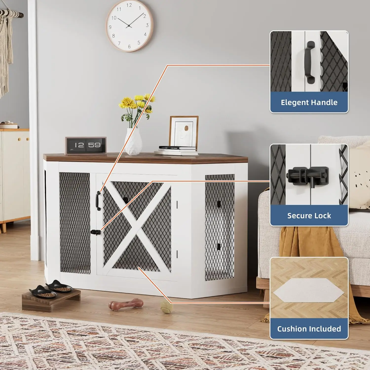 أثاث صندوق الكلاب، طاولة نهاية خشبية لبيت الكلاب مع شبكة، قفص/منزل للكلاب الصغيرة والمتوسطة والكبيرة، صندوق حيوانات أليفة مزخرف داخلي