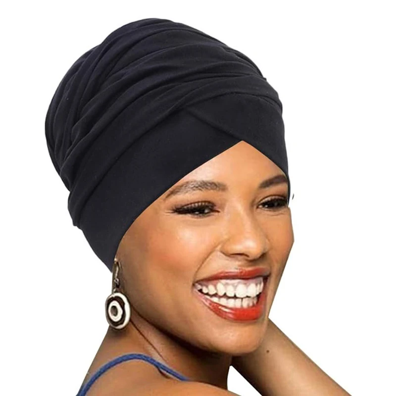 Turbante de algodón para mujer, gorro de diadema africana, Color sólido, cola larga, Hijab musulmán, novedad