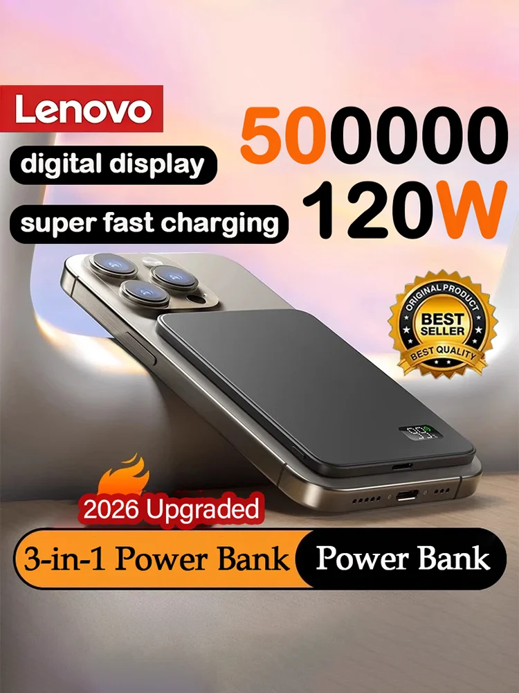 Lenovo 500000mAh Magnetische Draadloze Powerbank Ultradun Draagbaar CCC Gecertificeerd Supersnel Opladen LED Display Pack voor MagSafe - afbeelding 2