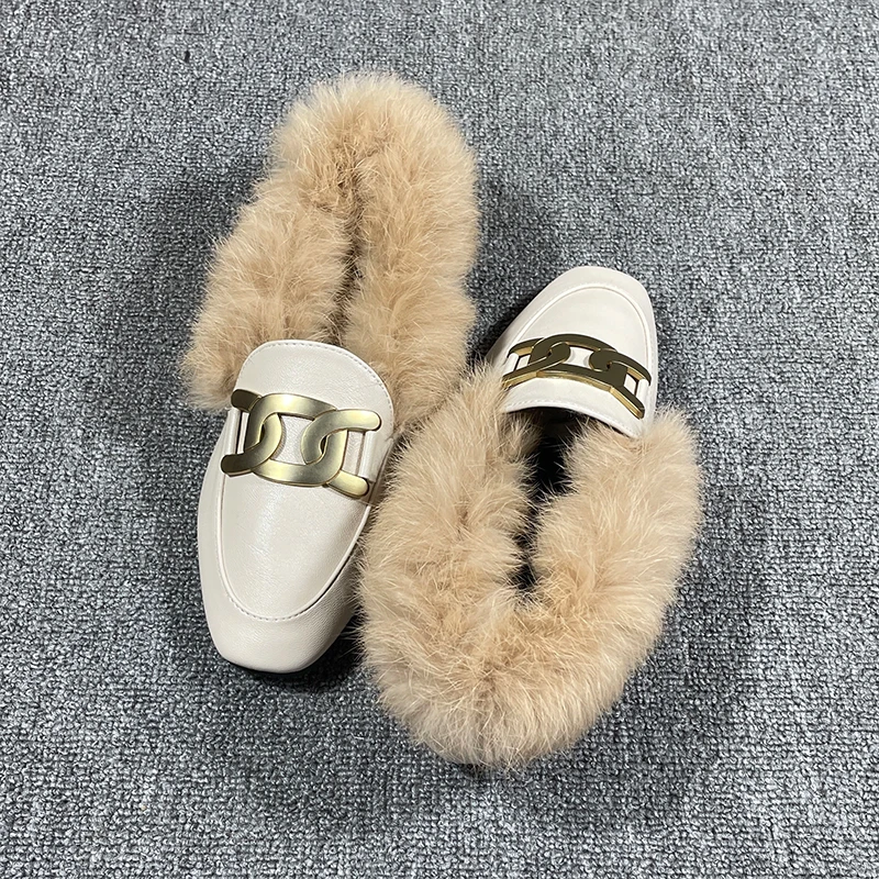 Flat Shoes women 2023 Fashion autumn and Winter Warm wear rabbit hair shoes Rabbit plush Fur Square Head Leather Shoe Girl size