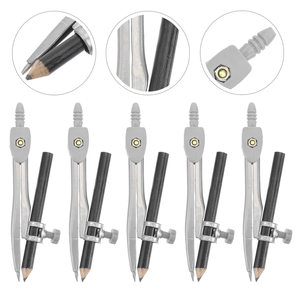 5 Pcs Drawing Compasses Reusable Woodworking Circle Tool Geometry Drafting Tools Kit Student Math Kids Portable Pencil Compass
