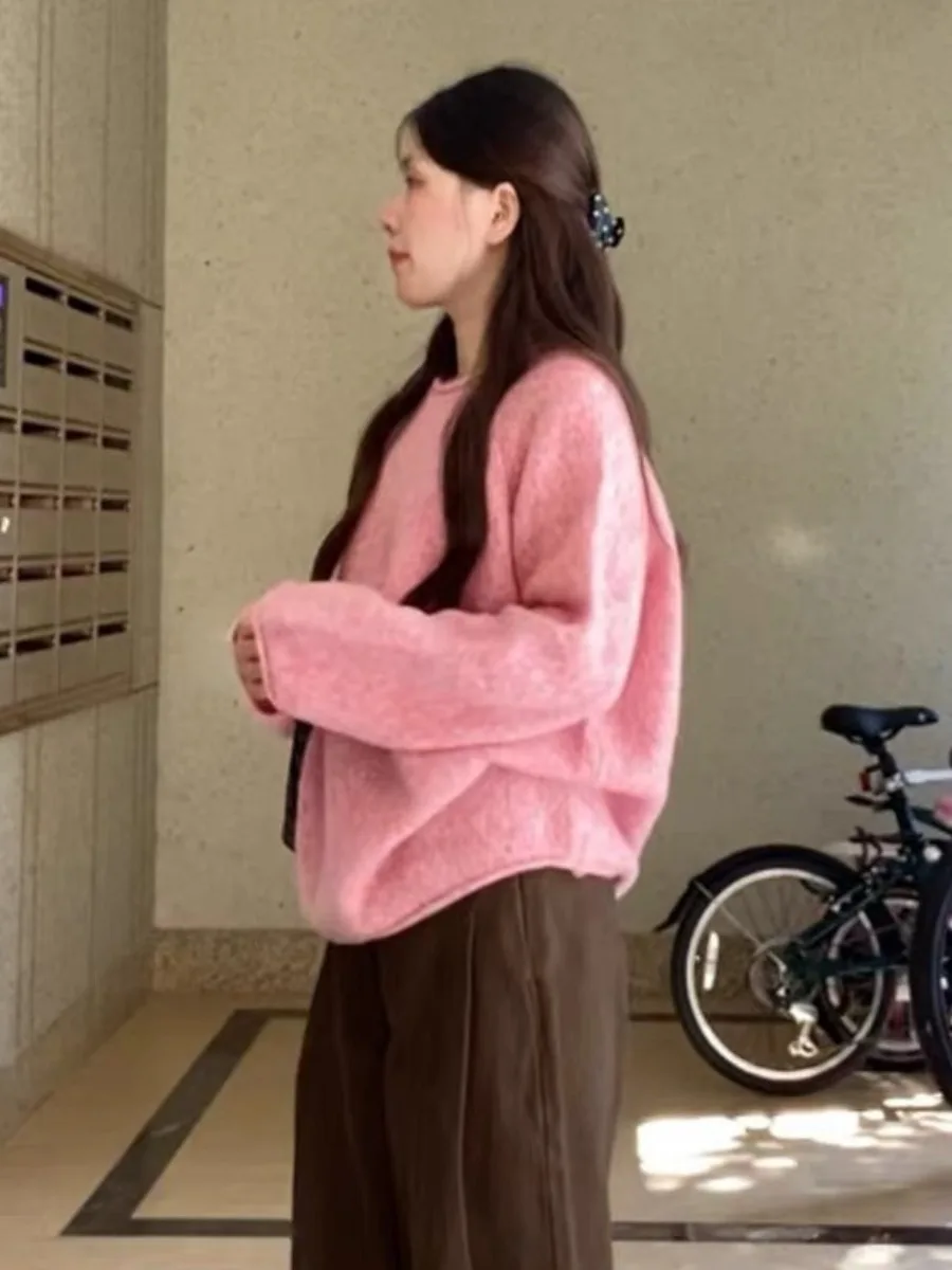 Pull rond rose Ne pour femme, ample, paresseux, haut tricoté, haut de gamme, automne hiver, décontracté, confortable