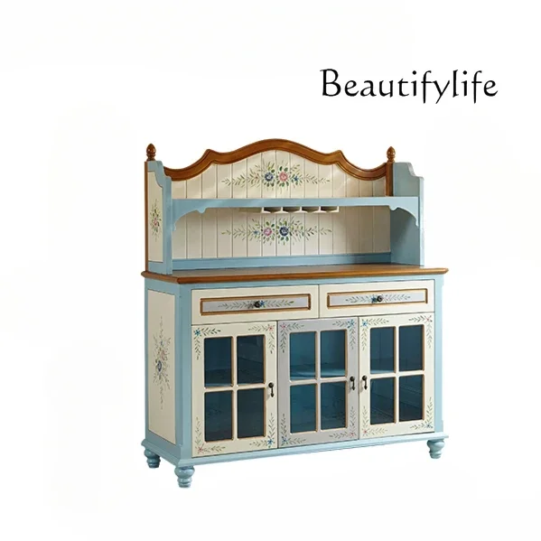 

Mediterranean style wine cabinet three-door meal painted blue large-capacity pastoral style integrated storage cabinet