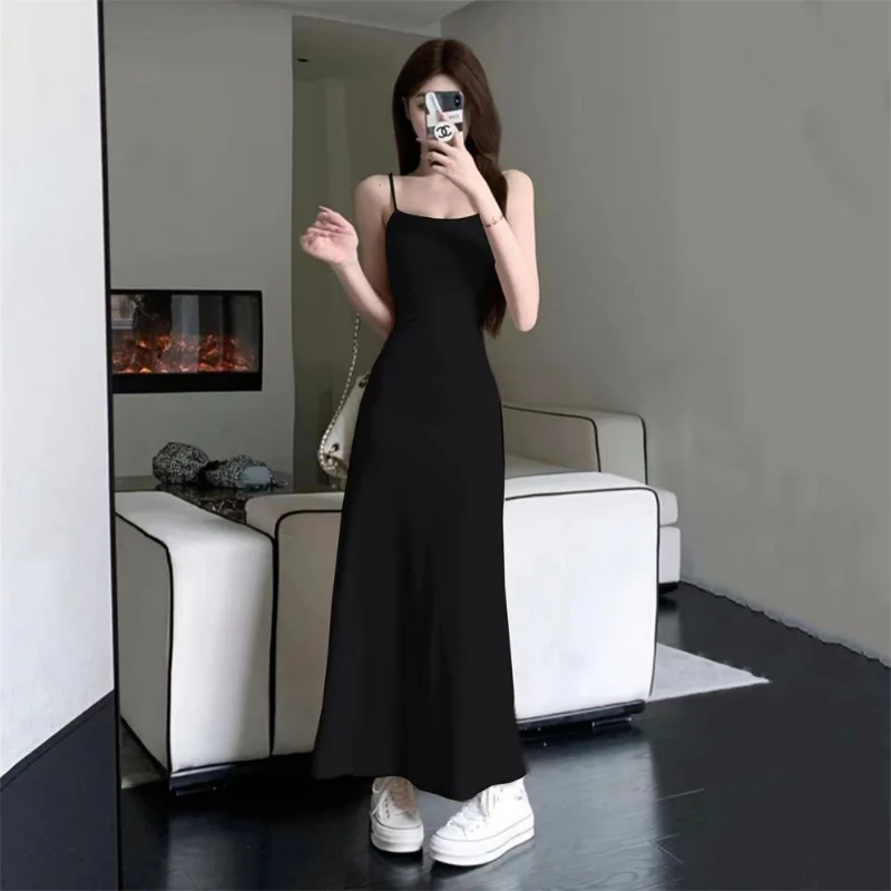 Vestido minimalista de una línea para mujer, liso, combina con todo, Espalda descubierta, elegante, cintura alta, ocio, Popular, estilo coreano,