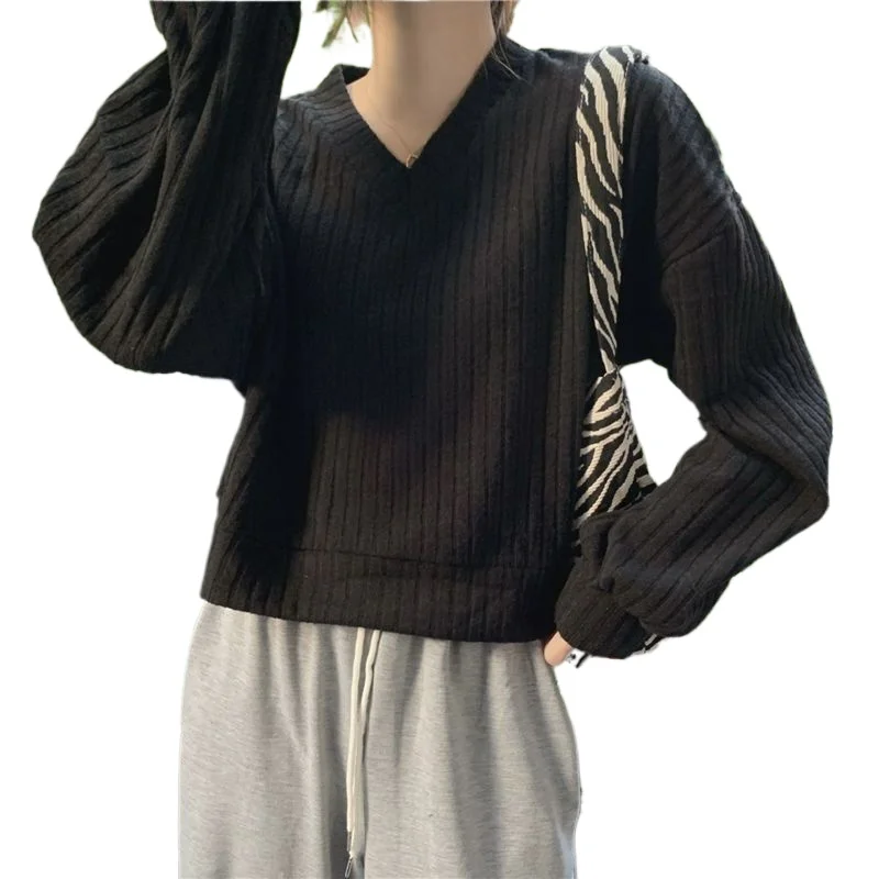 Sweat-shirt rayé pour femmes, ample, col en v, couleur unie, sweat à capuche sans chapeau, décontracté, confortable, haut pull féminin, automne