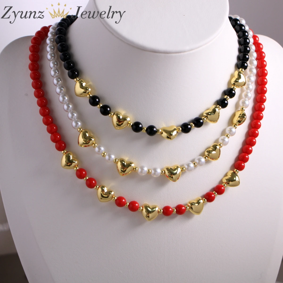 5pcs, White Red Black Beads Necklaces for Women Gold Plated Heart Chokers Simple Jewelry