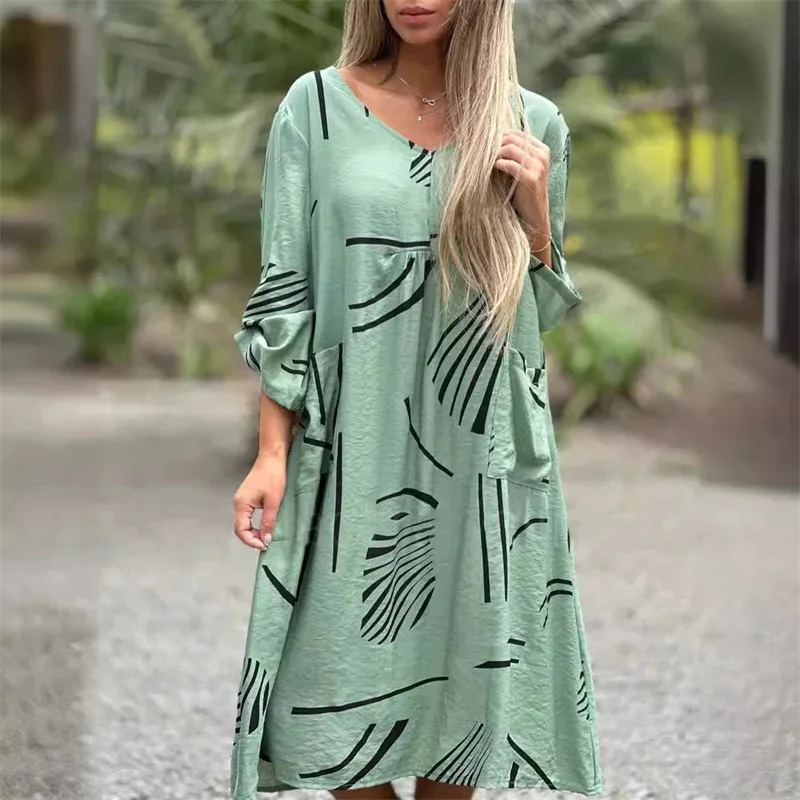 Fashion Print Loose V Neck Pullover Dresses Women Seven-quarter Sleeves Double Pocket Splice Dress Female Casual Large Hem Gown