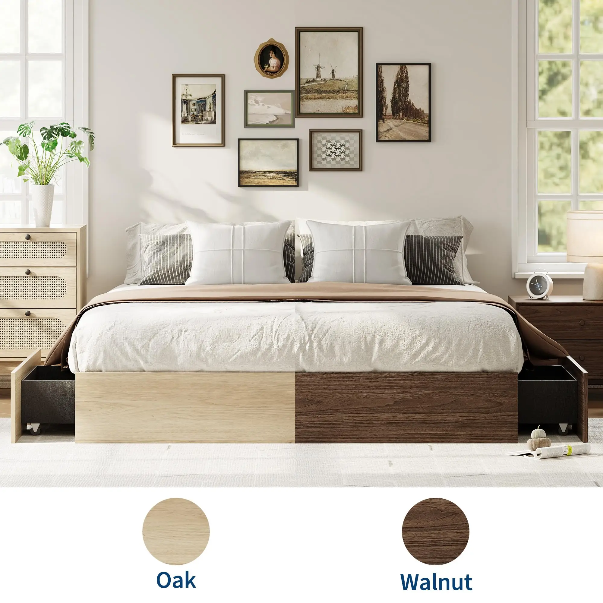California King wooden bed with 2 drawers - Platform bed without headboard - Slatted support - Easy to assemble - No base required - Ideal for a modern bedroom - California King size.