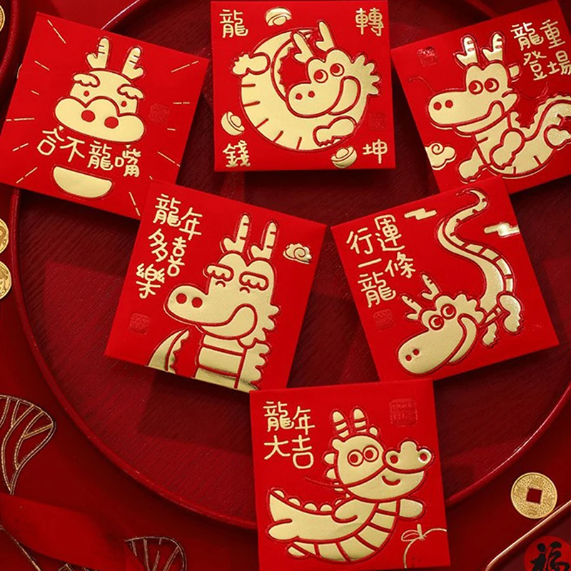 6Pieces 2024 New Year Red Envelopes Dragon Year Spring Festival Red Packet Lucky Money Packets Kids Cartoon Gift Bag