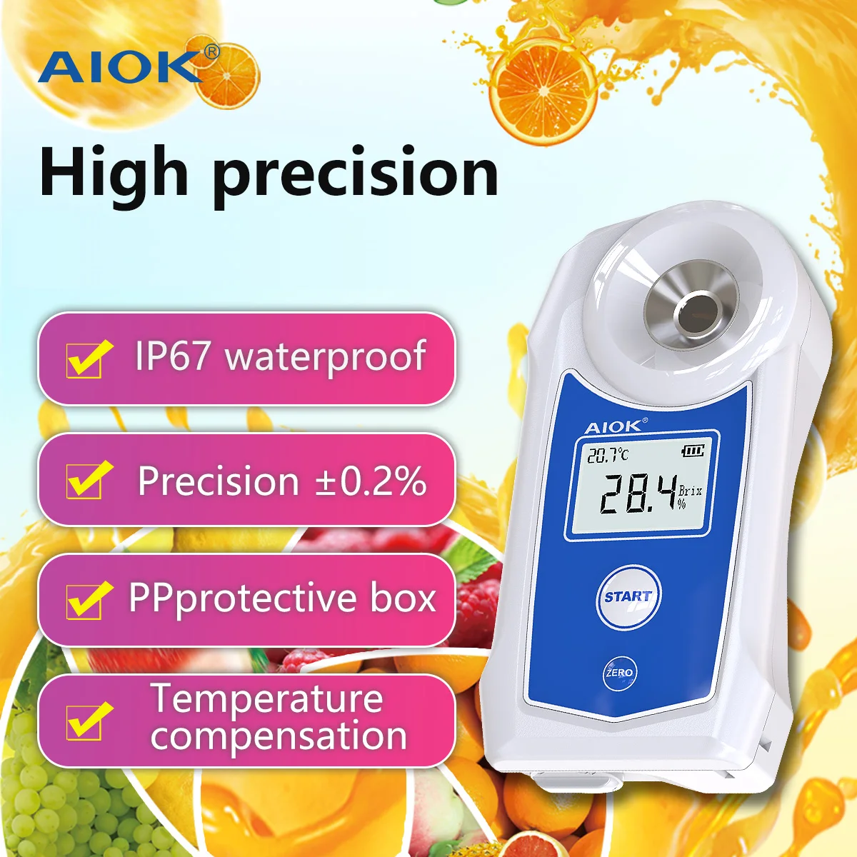 AIOK Digital Refractometers Brixmeter IP67 Fruit Juice Drinks Spirit Beverage Sugar Tester Sugar Content Measuring Instrument