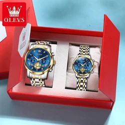 OLEVS-reloj de cuarzo de acero inoxidable para hombre y mujer, cronógrafo con agujeros, resistente al agua, fase lunar, conjunto de amantes de moda, marca de lujo