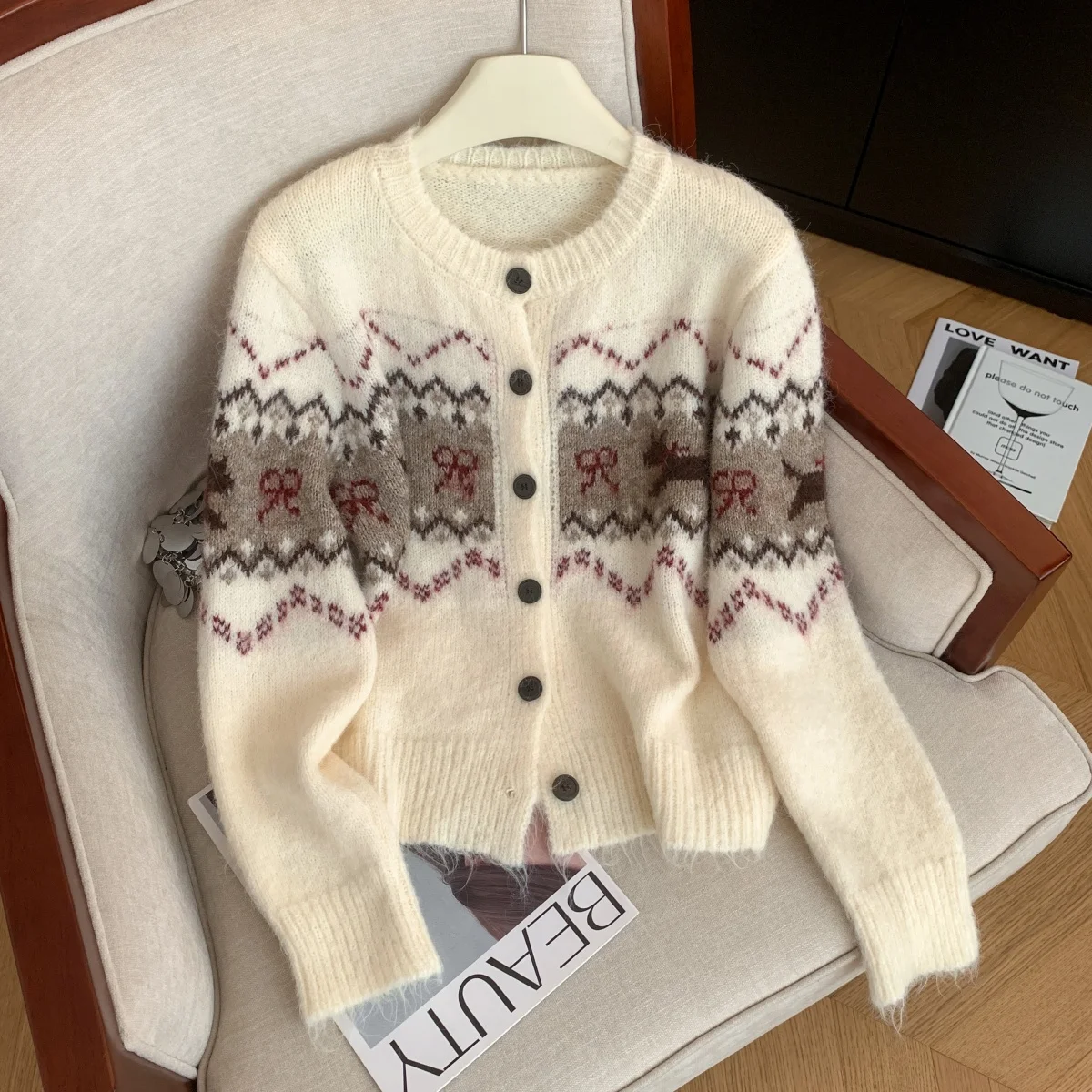 

Women Off White Cardigan Sweater Y2k Vintage 2000s Jumper Knitwear Long Sleeves Korean Fair Isle Sweater Outerwear Autumn Winter