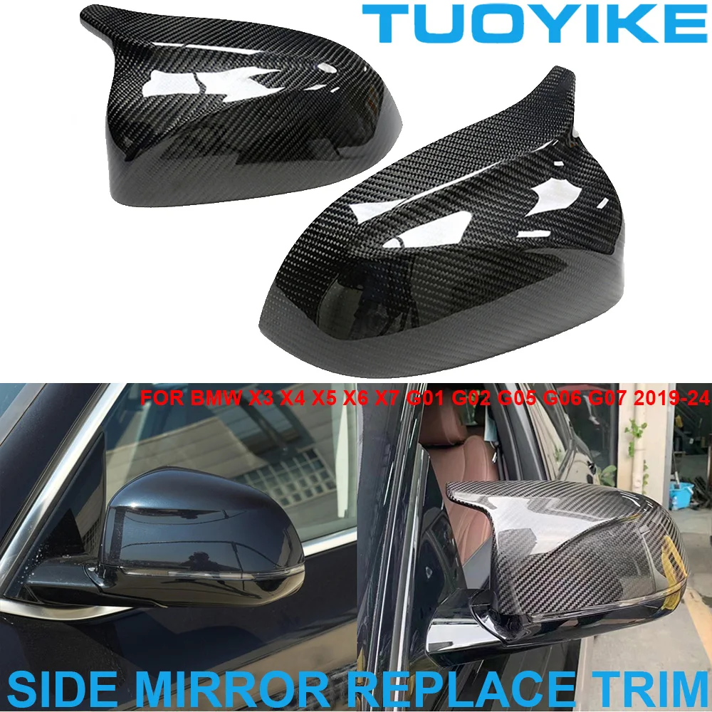 LHD RHD Real Carbon Fiber Side Mirror Rearview Trim Cover Replace Horn For BMW X3 X4 X5 X6 X7 G01 G08 G02 G05 G06 G07 2019-2024