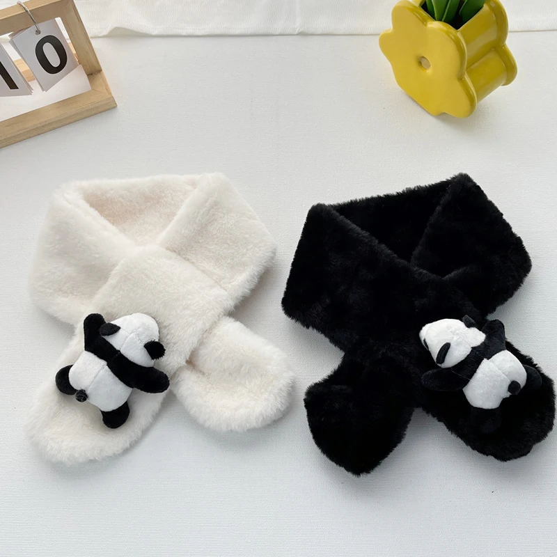 

Kids Warm Plush Scarf Winter Cute Children Cartoon Panda Faux Fur Cross Scarves For Girls Boys Thickened Neck Ring