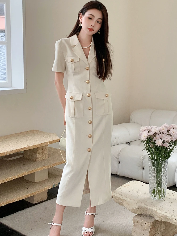 

French Fashion Notched Collar Dresses For Women Office Lady Korean Elegant Short Sleeve Woman Dress Midi Vestido Feminino