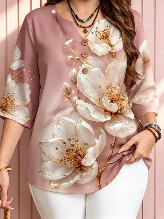 6 Colors 3D Golden Dew Magnolia & Plum Floral Women Blouses Notch V Neck 3 Decor Buttons 3/4 Sleeve Elegant Loose Shirts