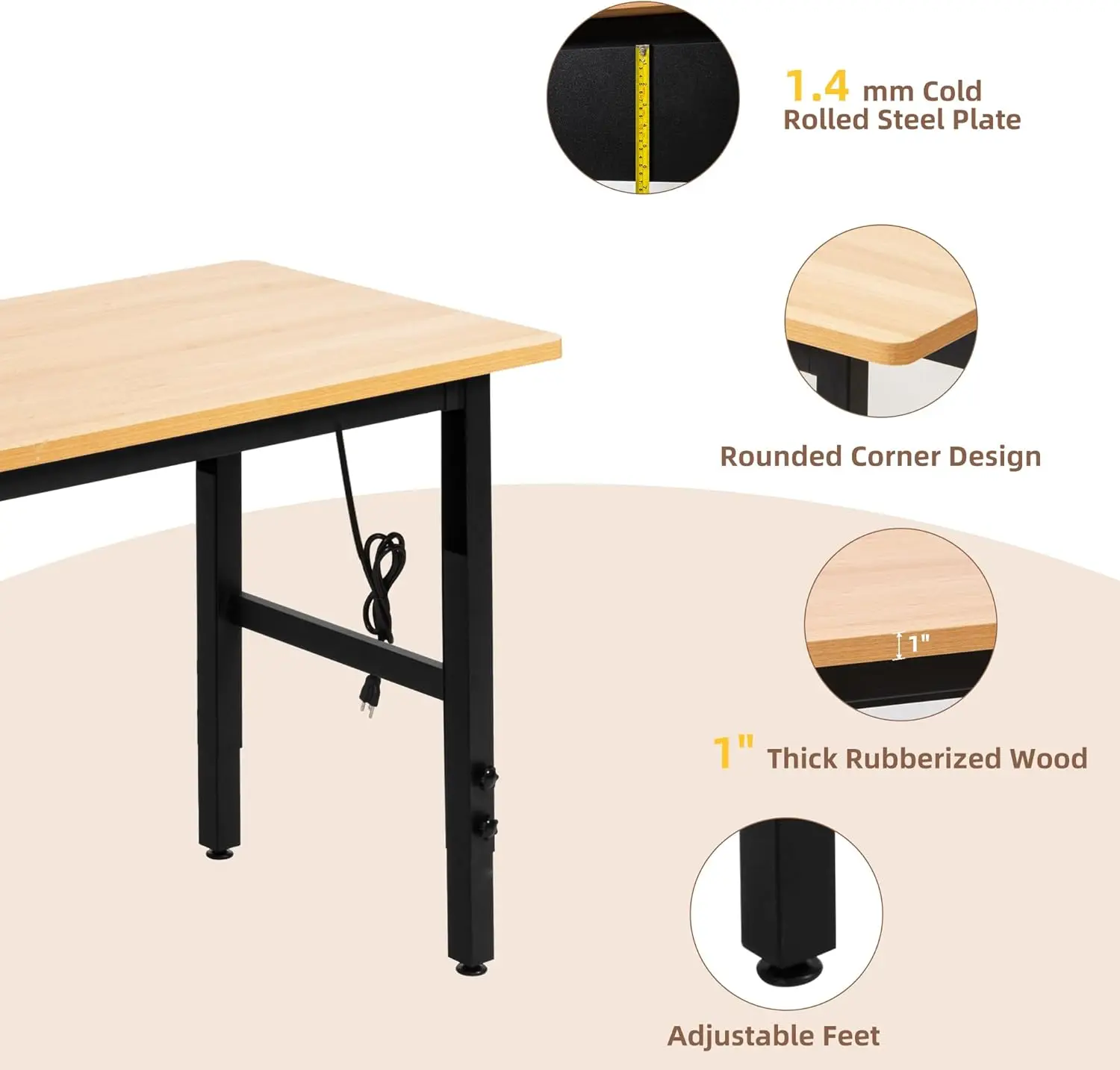 منضدة عمل من الخشب الصلب 48 شديدة التحمل مع منافذ طاقة، طاولة عمل جراج قابلة للتعديل، سعة 2000 رطل، مثالية لورش العمل